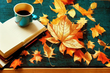 Composition with autumn leaves, blank notebooks, a cup ofの素材