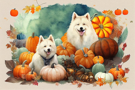 Watercolor autumn composition with cute samoyed dog and pumpkinsの素材