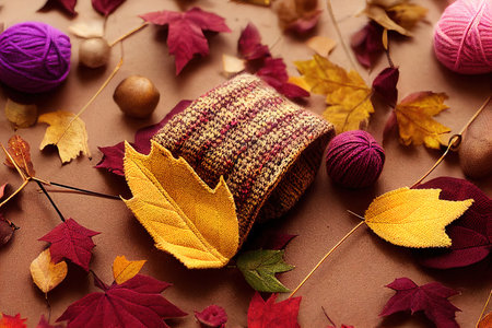 Flat lay autumn composition Knitted woolen pink female sweaterの素材