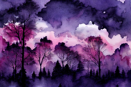 Watercolour painting. Dark Forest. Tree silhouettes and cloudy skyの素材