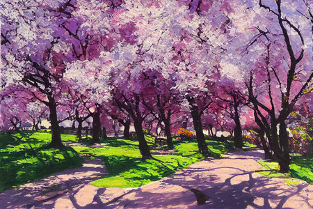 Sunny spring painting landscape. flowering blooming purple sakura treesの素材