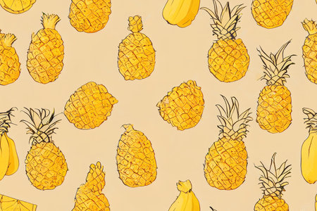 Yellow Fruits seamless pattern with cute natural drawing. Banana,の素材