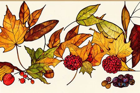 A set of stained glass-style illustration with autumn compositions,の素材