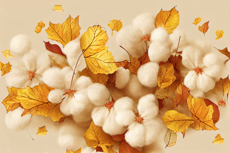 Autumn fall concept Flying cotton flowers, golden autumn leavesの素材