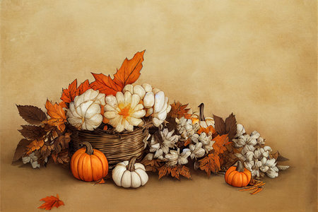 Autumn composition with cotton flowers and pumpkin on beigeの素材