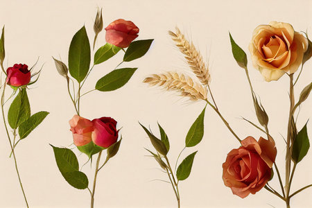 Autunm wheat, rose flowers composition on craft beige background,の素材