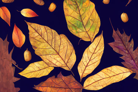 Autumn composition with cup of coffee on color backgroundの素材