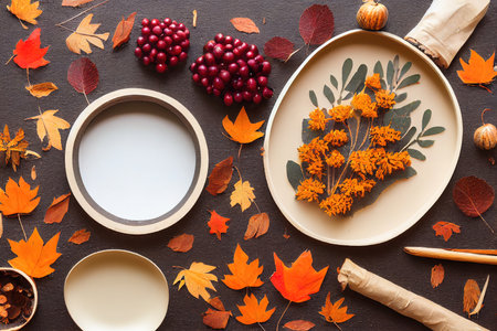 Autumn composition A cup of coffee, cotton flowers, autumnの写真素材