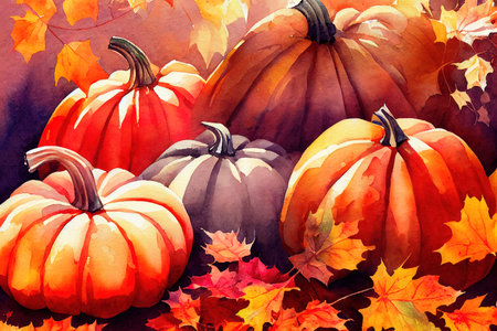 Watercolor autumn pumpkin composition, perfect to use on theの写真素材