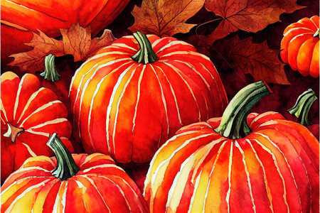 Watercolor autumn pumpkin composition, perfect to use on theの写真素材