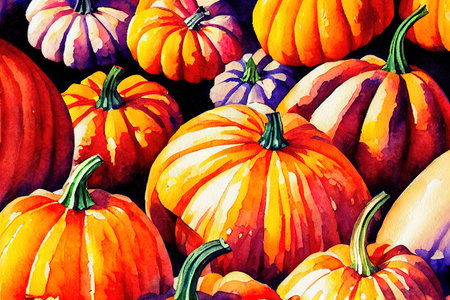 Watercolor autumn pumpkin composition, perfect to use on theの写真素材