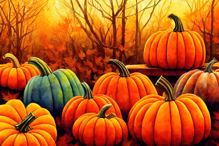 Watercolor autumn pumpkin composition, perfect to use on theの写真素材