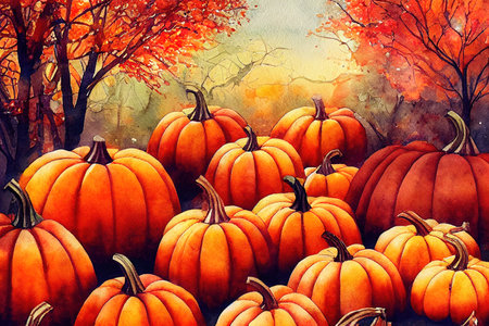 Watercolor autumn pumpkin composition, perfect to use on theの素材