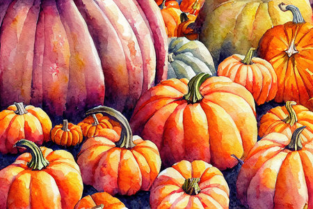 Watercolor autumn pumpkin composition, perfect to use on theの素材
