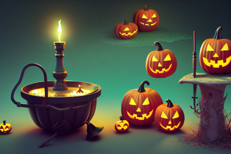 set of Happy Halloween with witch cauldron, hat, broom,の素材