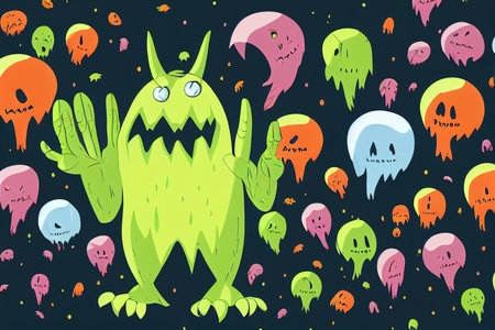 Angry cartoon monster character pop up and waving handsの素材