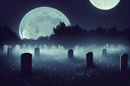 Graveyard At Night - Spooky Cemetery With Moon Inの素材