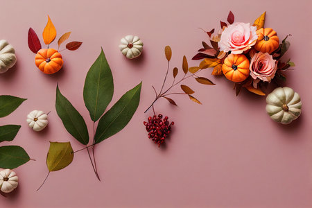 Autumn composition with cute pumpkin, mushrooms, leaves and inscriptionの素材
