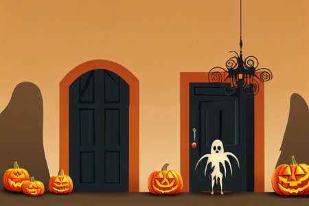 Halloween design. Entrance door decorated for Halloween. Carved pumpkin,の写真素材