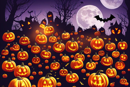 Spooky Halloween background with pumpkins moon and bat Coolの写真素材