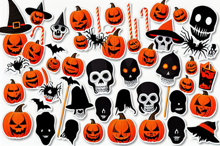 Set of halloween ghosts. Halloween scary spirits with pumpkinsの写真素材