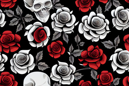 Embroidery human skull snake and red roses flowers Seamlessの写真素材