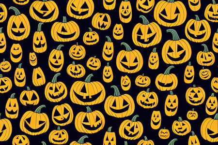 Collection of Halloween pumpkins carved faces silhouettes. Black isolatedの写真素材