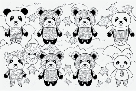 Halloween Coloring Pages Pack. Set of Outline Halloween Pandaの写真素材