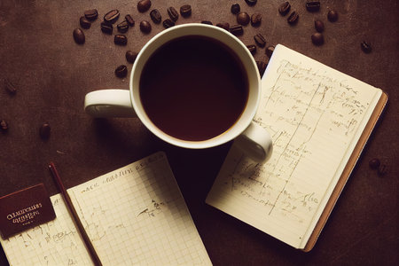 Diary, cup of hot cocoa, brown, knitted scarf andの素材