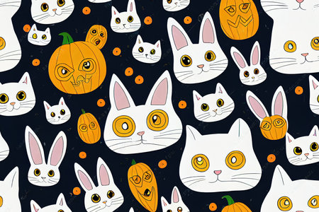 Seamless pattern of cute cartoon animals ghosts Bunny catの素材