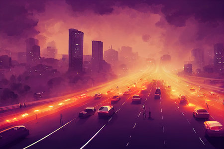 2d drawing Car traffic pollution traffic jam in the morning and evening in the capital city of Bucharest Romania , Anime style U1 1の素材