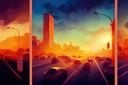 2d drawing Car traffic pollution traffic jam in the morning and evening in the capital city of Bucharest Romania , Anime style U1 2の素材