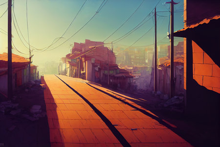 2d drawing Lima Peru 02 The road leading to the hill with the slums in a disadvantaged area of the city , Anime style U1 1の素材