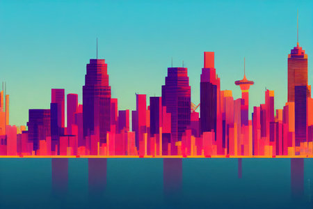 2d style, Australian SYdney cityline panorama from harbour with major skyscrapers forming landmark CBD , Anime style U1 1の素材