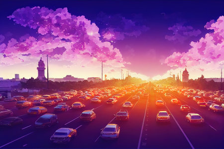 anime Car traffic pollution traffic jam in the morning and evening in the capital city of Bucharest Romania , Anime style U1 2の素材