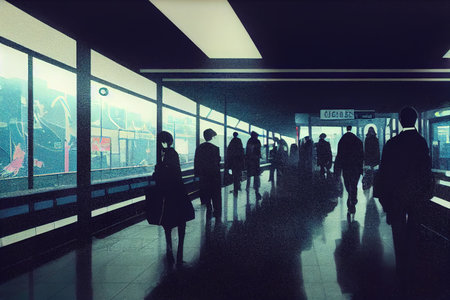 anime style, Blur of office workers walking pass the Canary Wharf tube station in early morning rush hours , Anime style U1 1の素材