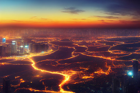 anime style, Aerial view of Skyline in Shenzhen city CBD sunset in China , Anime style U1 1の素材
