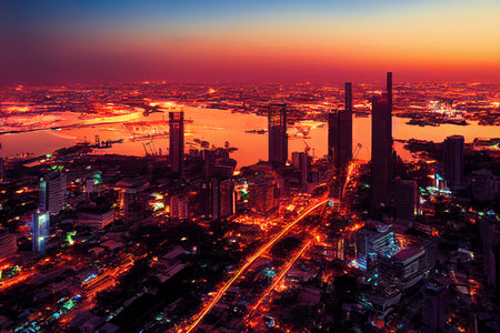 anime Bangkok Cityscape Business district with high building at dusk Bangkok Thailandの素材