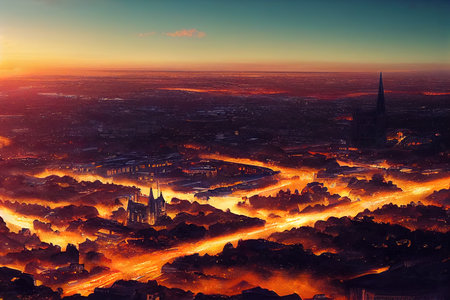 2d drawing Amazing aerial view drone Cork City center Ireland Irish landmark downtown building St Fin Barres Cathedral sunrise morningの素材