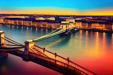 2d drawing Panorama of Budapest Hungary with the Chain Bridge and the Parliament , Anime style U1 1の素材