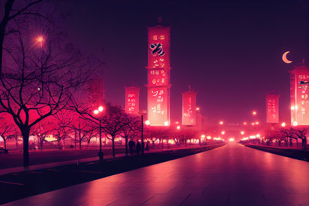 anime style, SEOUL KOREA OCTOBER 17 2019 Night view of a boulevard leading to the Gyeongbokgung palace in Seoul Republic of Korea , Anime style U1 1