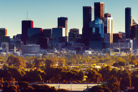 Perth Western Australia February 3 2017 Panoramic view of Perth skyline capital of Western Australia, headquarter for many mining and banking companies with green lawn and park.の素材