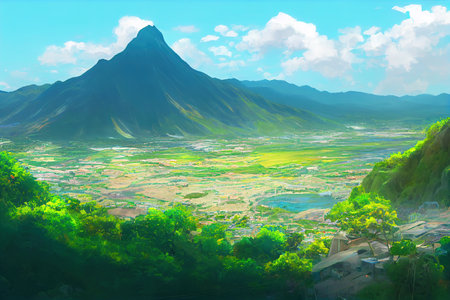 anime style, Roseau Dominica Coastline and city built on alluvial fan with steep mountains Morne Roseau is the capital and largest city of Commonwealth of Dominica Caribbean Island country ,の素材