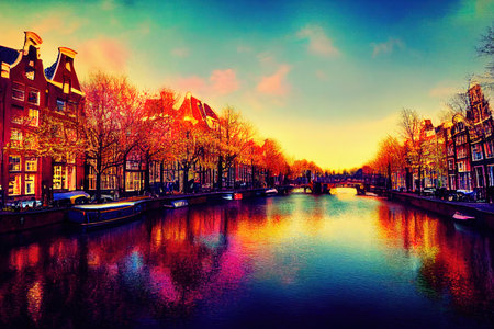 anime style, Spring scene in Amsterdam city Tours by boat on the famous Dutch canals Colorful evening landscape in Netherlands Europe , Anime style U1 1の素材