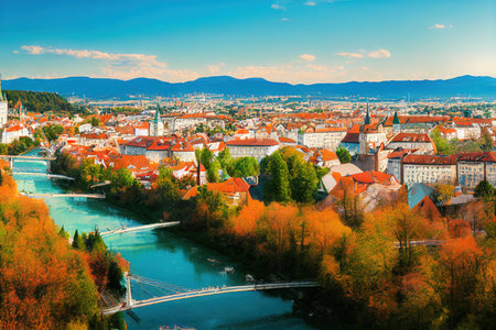 anime style, Ljubljana Beautiful cities of Europe charming capital of Slovenia panoramic view with castle and Triple Bridge , Anime style U1 1の素材