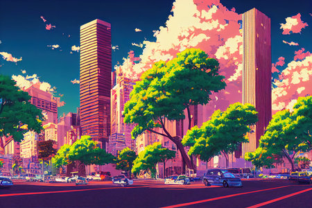 anime style, Urban panoramic view of traffic in modern summer downtown with skycrapers in the city of Buenos Aires Argentina , Anime style U1 1の素材