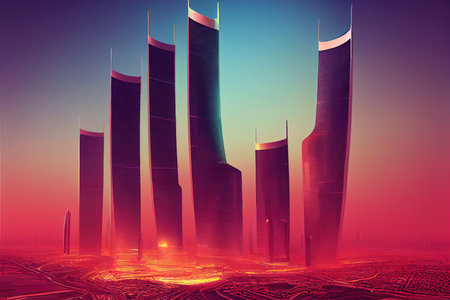 Cartoon drawing Large buildings equipped with the latest technology King Abdullah Financial District in the capital Riyadh Saudi Arabia , Anime style U1 1の素材