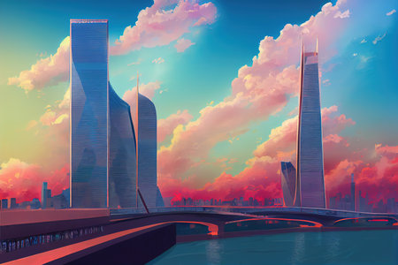 Cartoon style Russia Skyscrapers in the center of Moscow Highrise buildings in the capital of the Russia, Complex Moscow city against the gray sky Skyscrapers and a glazed bridge over the Moscow river.の素材