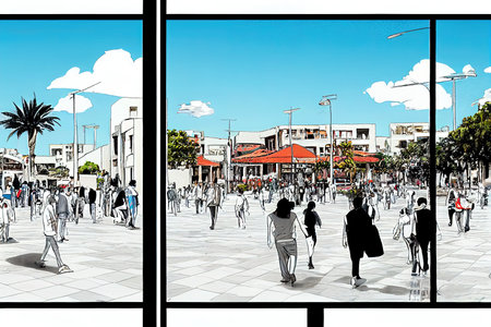Cartoon drawing Nicosia Cyprus March People walking at the liberty square with the modern and f uturistic architecture in Nicosia the capital city of Cyprus , Anime style U1 1の素材