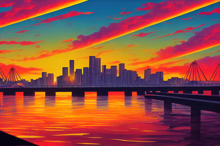 cartoon drawing Story Bridge Sunset , Anime style U1 1の素材